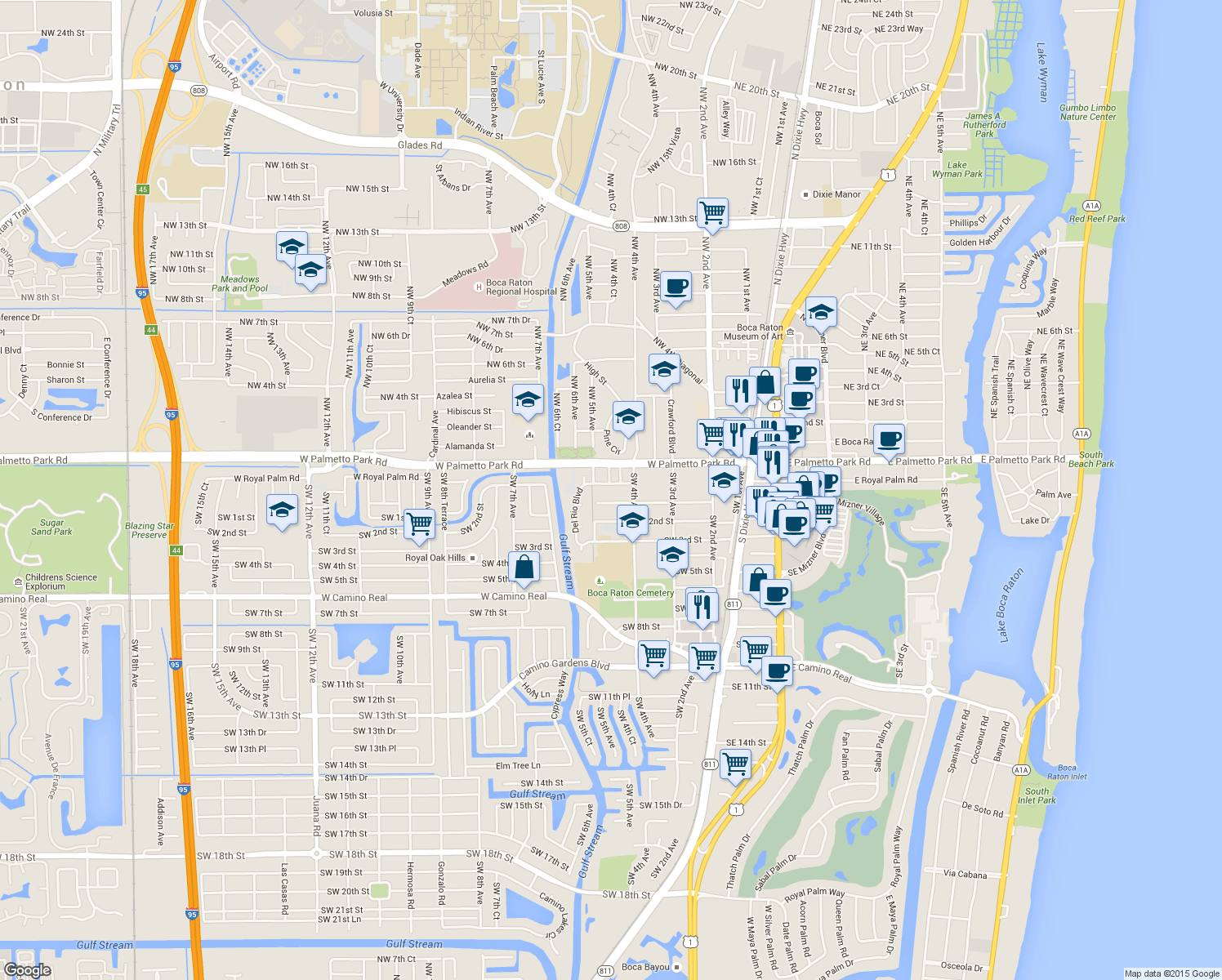 map of restaurants, bars, coffee shops, grocery stores, and more near 452 West Royal Palm Road in Boca Raton