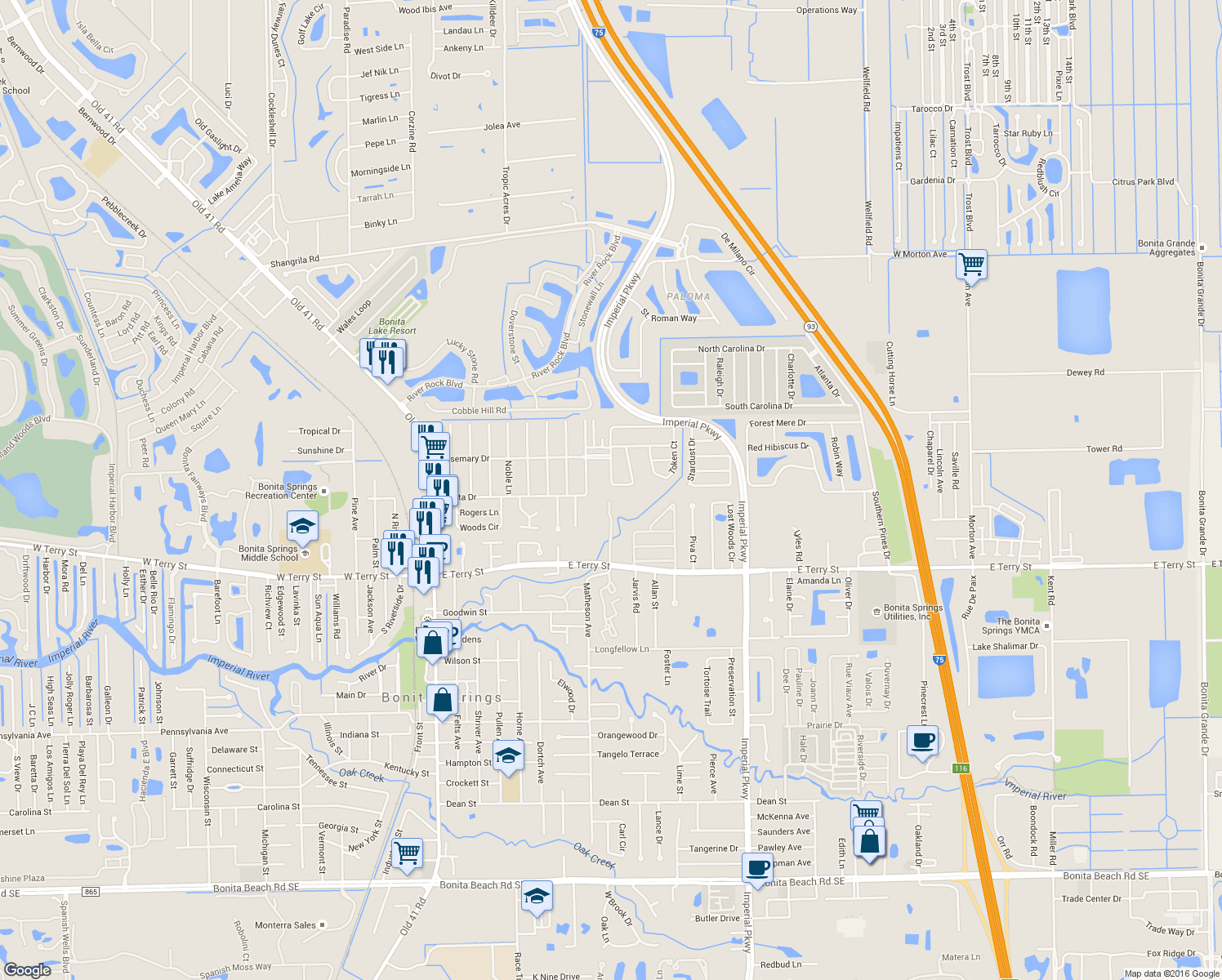 map of restaurants, bars, coffee shops, grocery stores, and more near 11045 New Moon Court in Bonita Springs