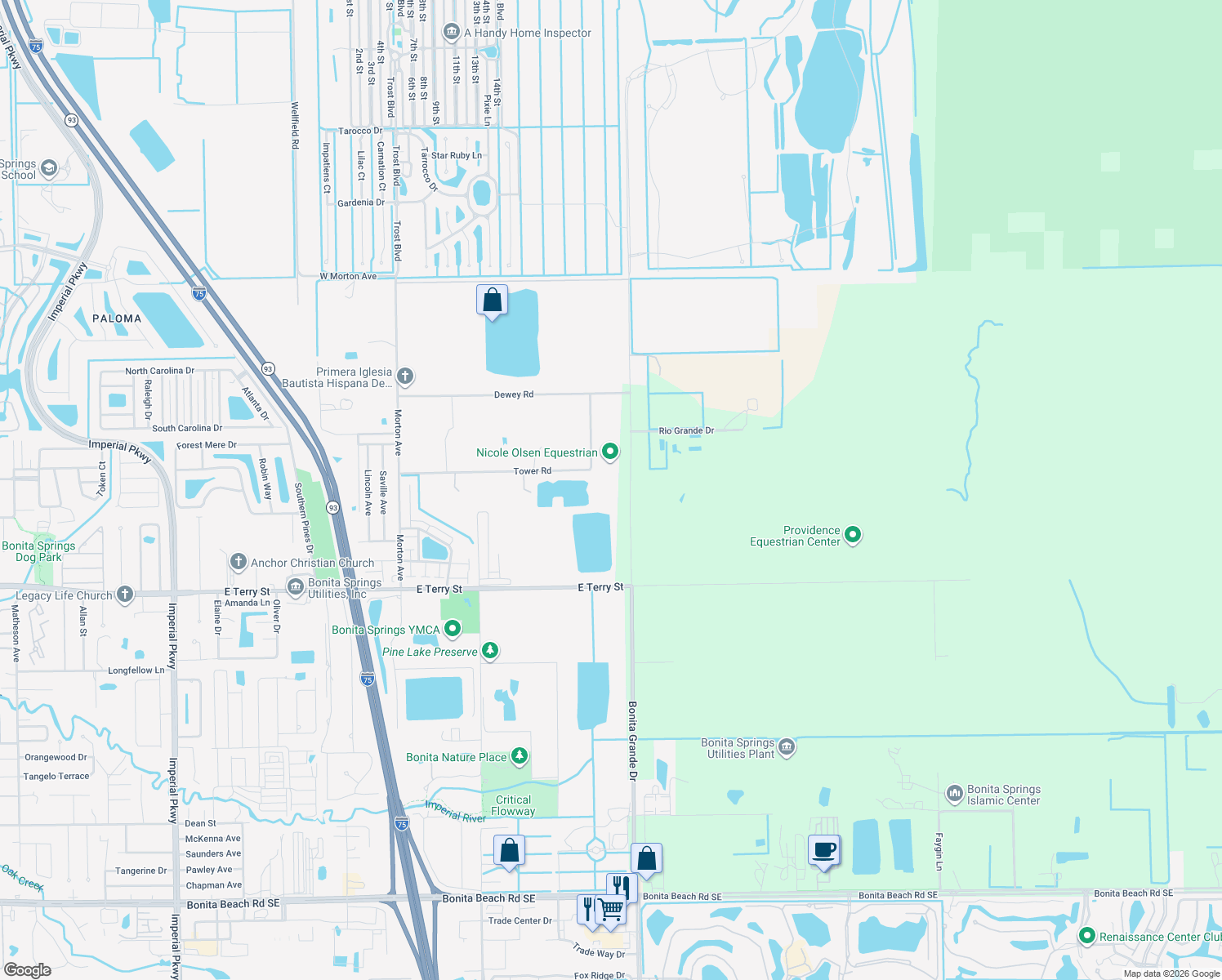 map of restaurants, bars, coffee shops, grocery stores, and more near 12880 Tower Road in Bonita Springs