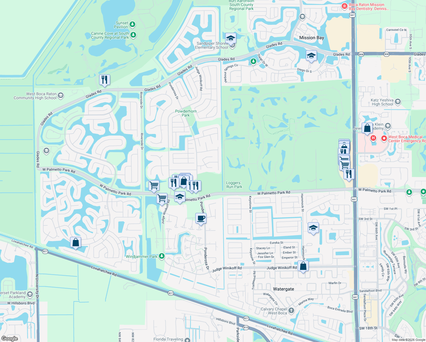 map of restaurants, bars, coffee shops, grocery stores, and more near 21782 Little Bear Way in Boca Raton