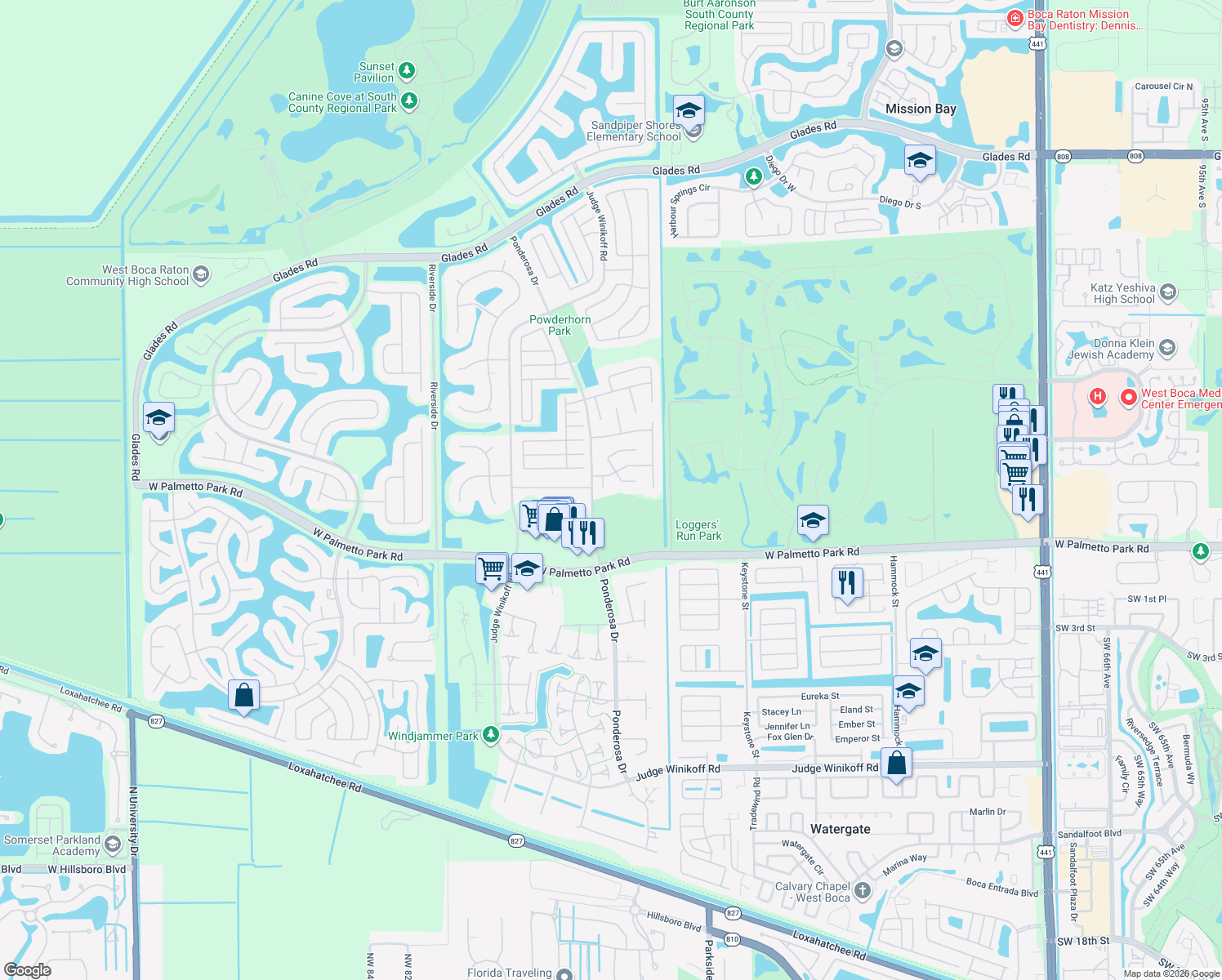 map of restaurants, bars, coffee shops, grocery stores, and more near 21780 Little Bear Court in Boca Raton