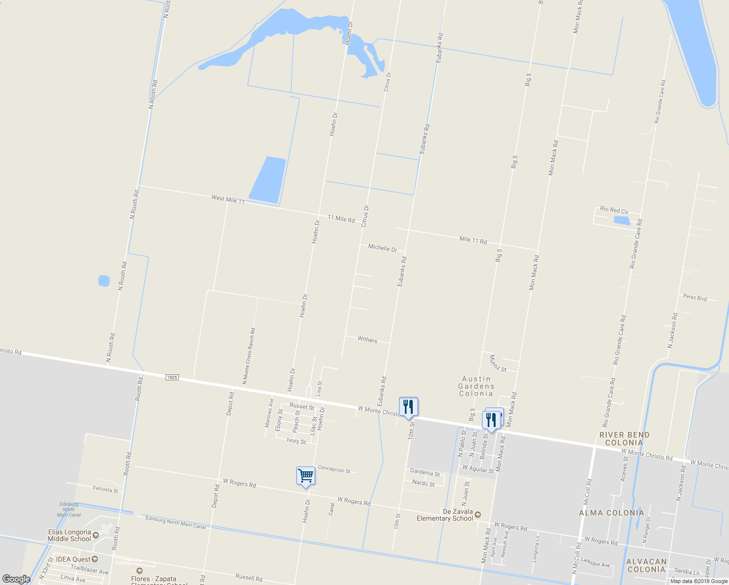 map of restaurants, bars, coffee shops, grocery stores, and more near 1219 Gardenia Drive in Edinburg