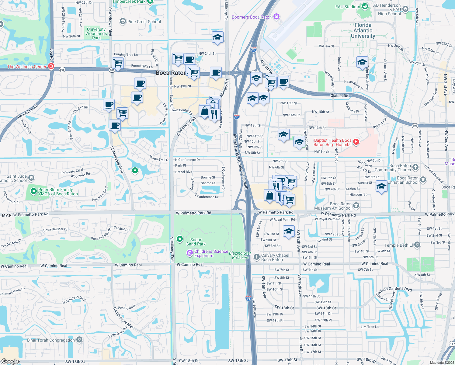 map of restaurants, bars, coffee shops, grocery stores, and more near 400 East Conference Drive in Boca Raton