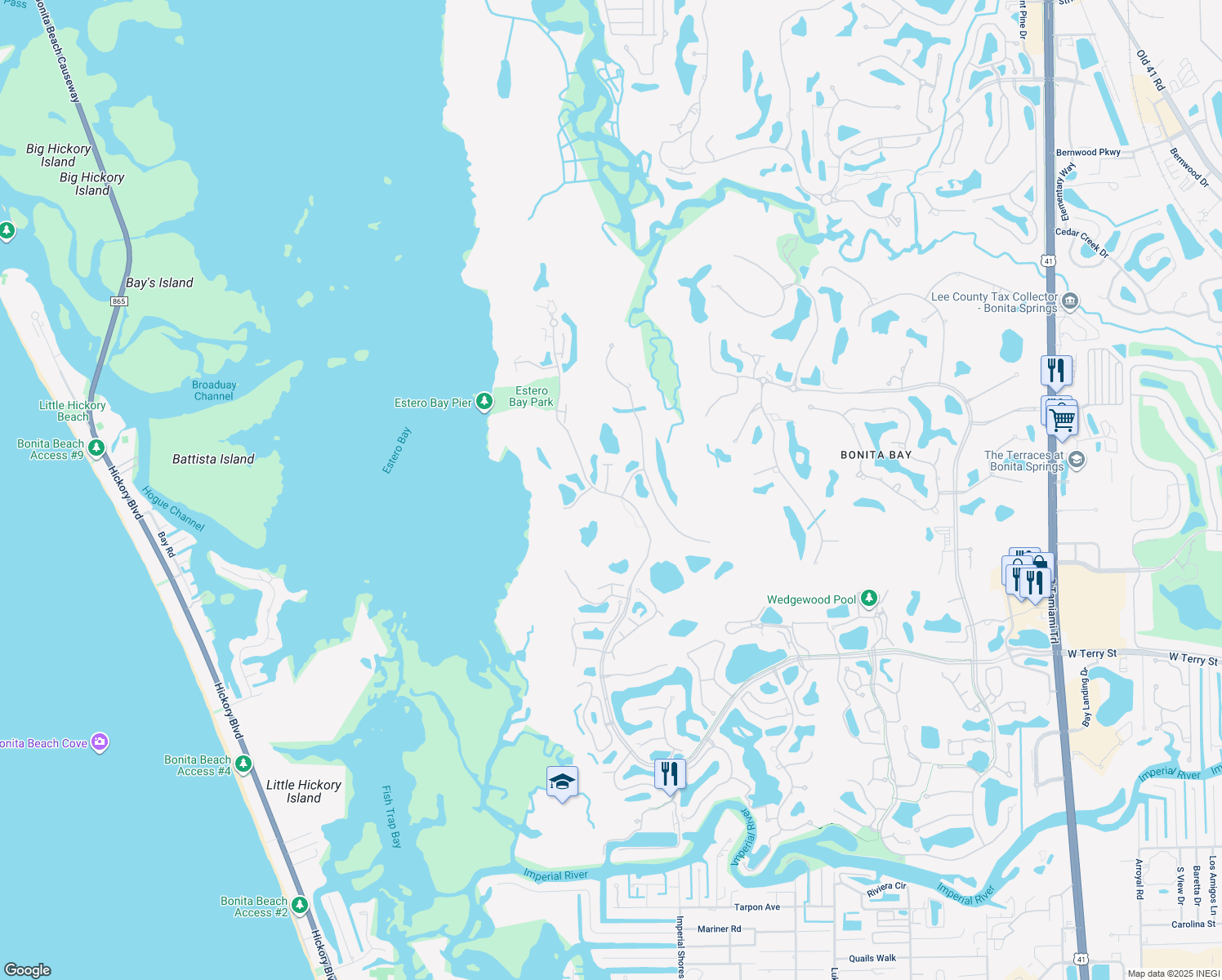 map of restaurants, bars, coffee shops, grocery stores, and more near 26449 Brick Lane in Bonita Springs