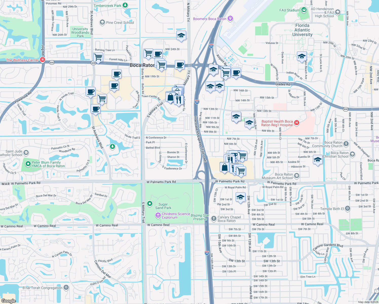 map of restaurants, bars, coffee shops, grocery stores, and more near 500 East Conference Drive in Boca Raton