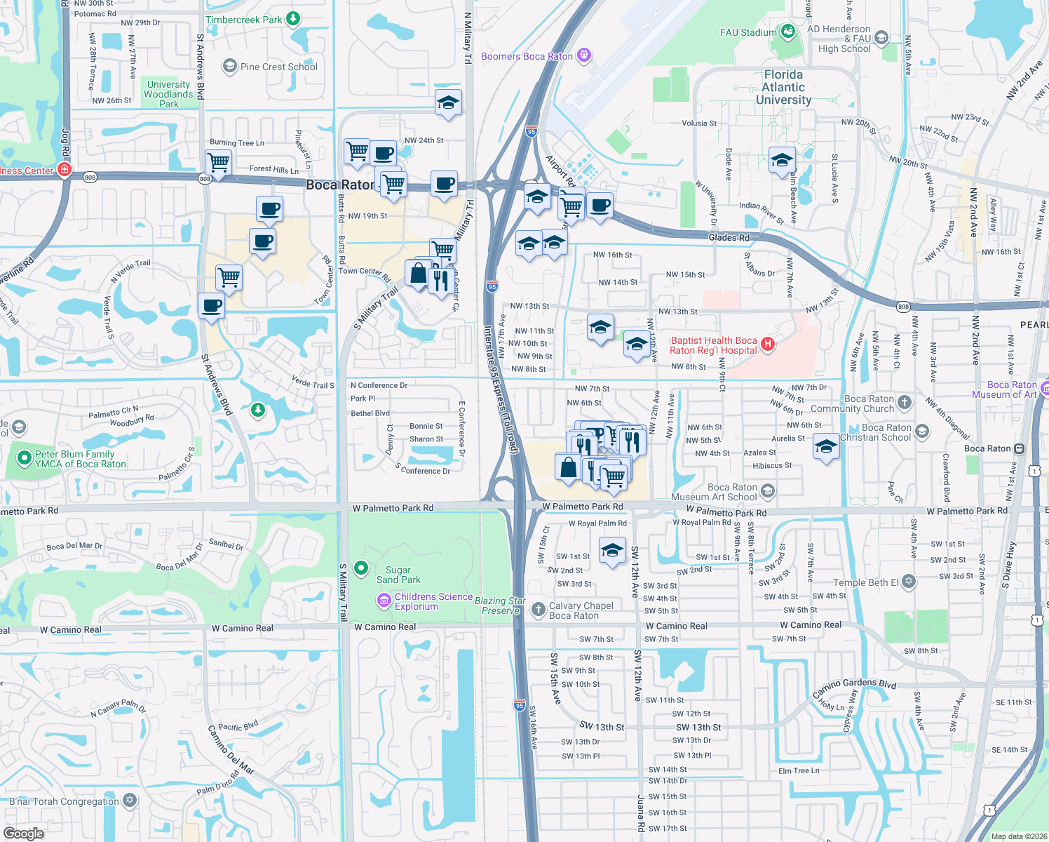 map of restaurants, bars, coffee shops, grocery stores, and more near 1601 Northwest 5th Street in Boca Raton