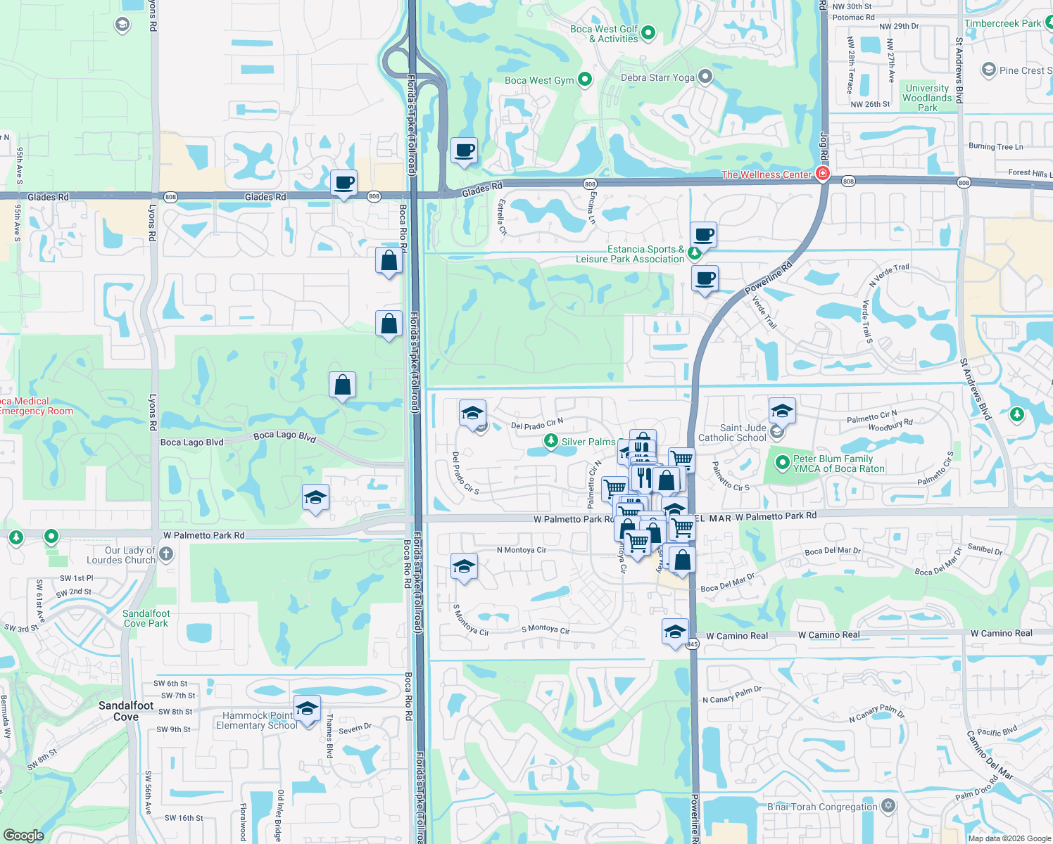 map of restaurants, bars, coffee shops, grocery stores, and more near 7706 Solimar Circle in Boca Raton