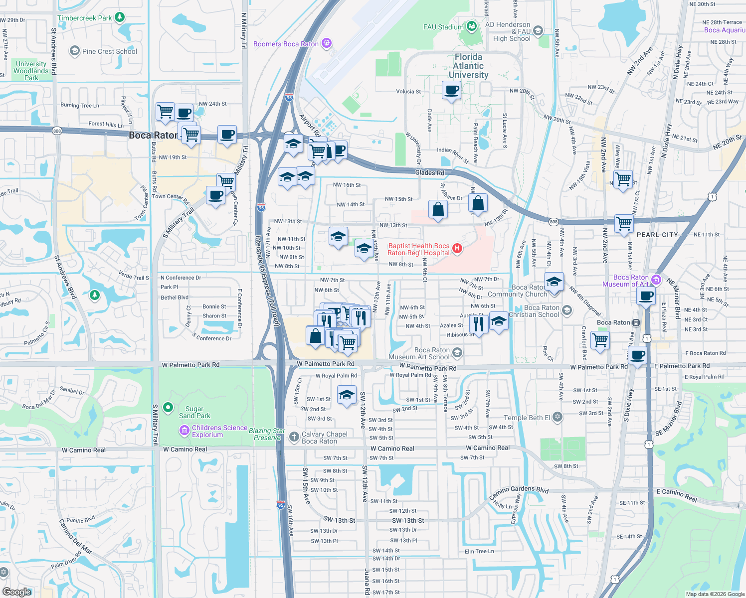 map of restaurants, bars, coffee shops, grocery stores, and more near 599 Northwest 12th Avenue in Boca Raton