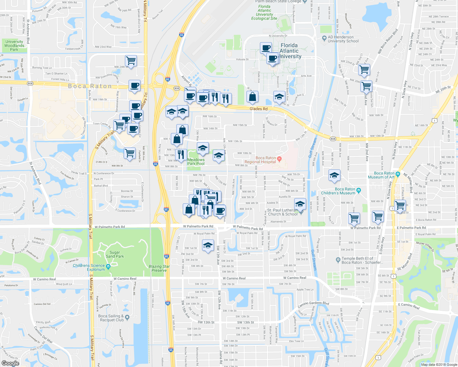 map of restaurants, bars, coffee shops, grocery stores, and more near 600 Northwest 12th Avenue in Boca Raton