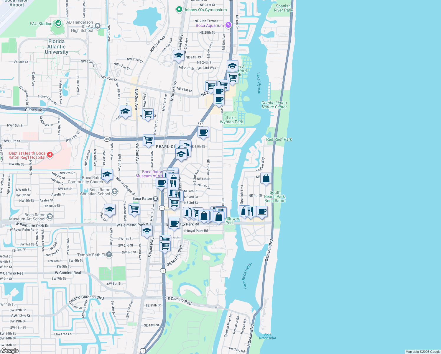map of restaurants, bars, coffee shops, grocery stores, and more near 499 Northeast 6th Street in Boca Raton