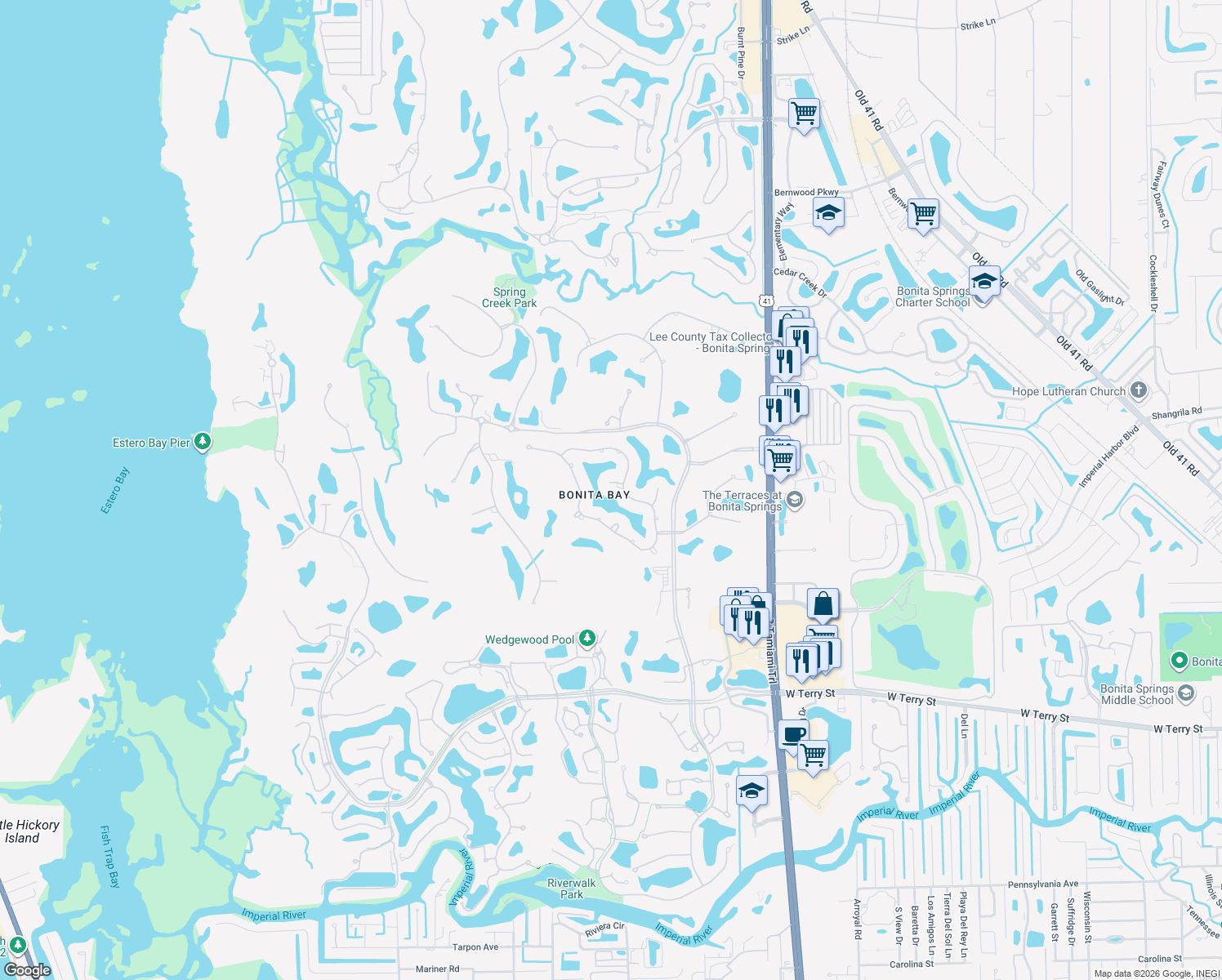 map of restaurants, bars, coffee shops, grocery stores, and more near 3701 Lakepointe Way in Bonita Springs