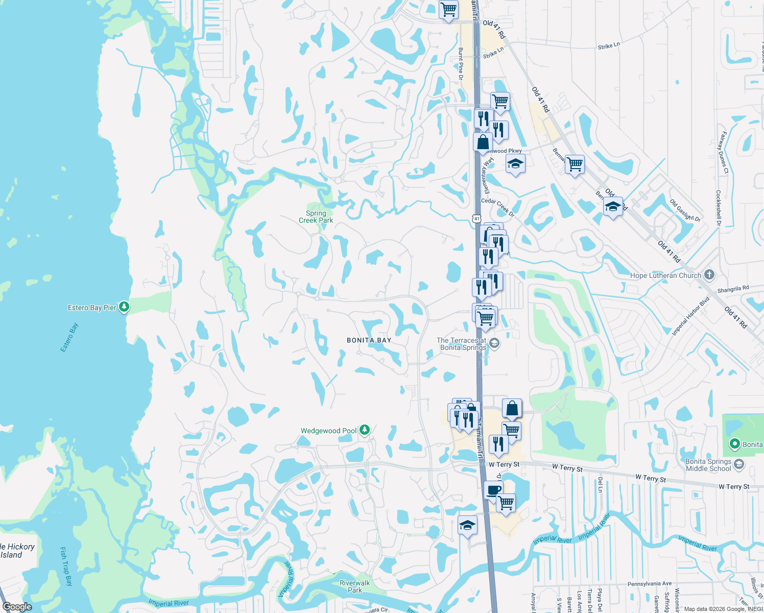 map of restaurants, bars, coffee shops, grocery stores, and more near 3649 Woodlake Drive in Bonita Springs