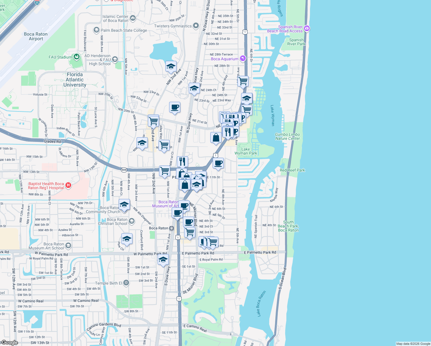 map of restaurants, bars, coffee shops, grocery stores, and more near 1163 Northeast 3rd Avenue in Boca Raton