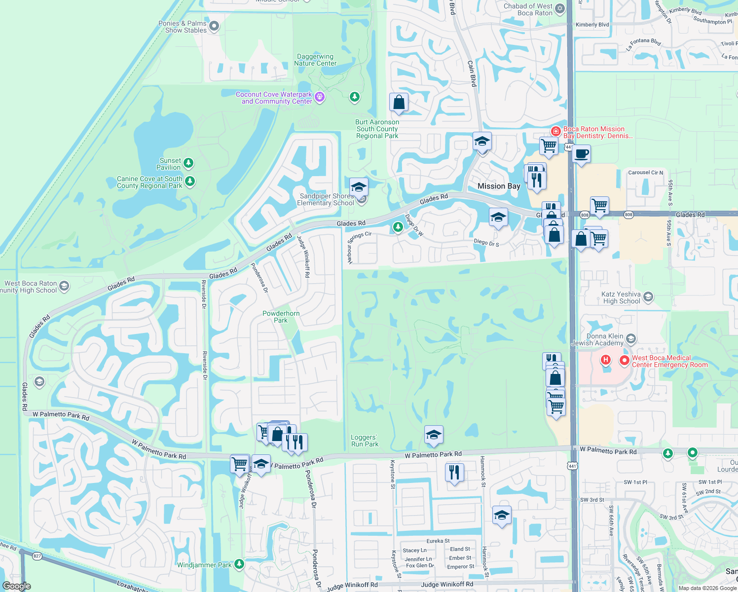 map of restaurants, bars, coffee shops, grocery stores, and more near 21033 Cottonwood Drive in Boca Raton