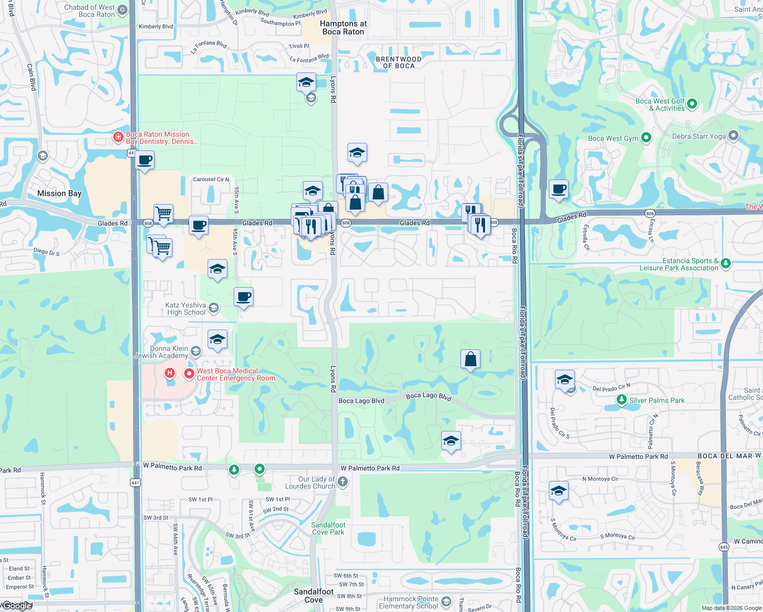 map of restaurants, bars, coffee shops, grocery stores, and more near 21212 Escondido Way in Boca Raton