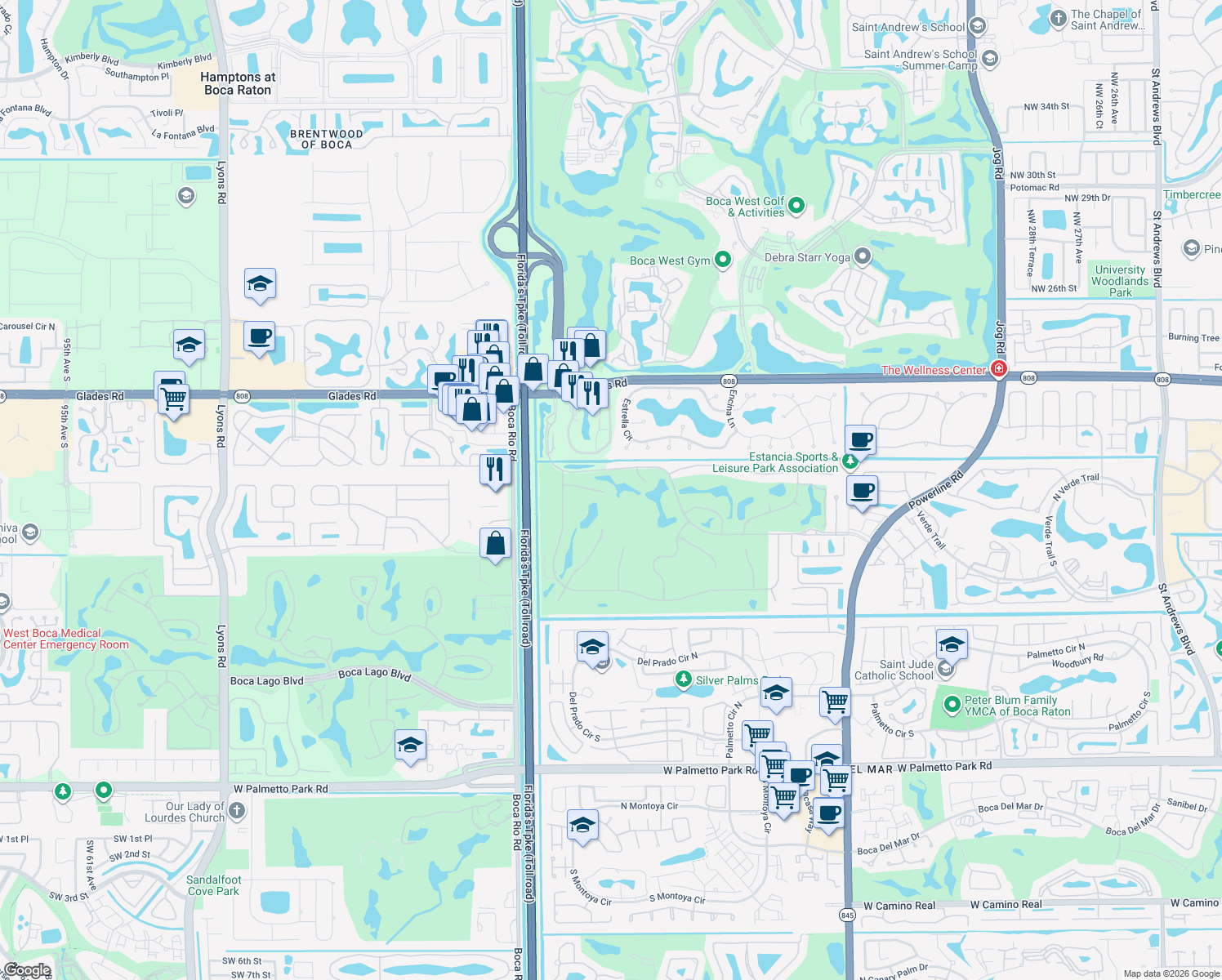 map of restaurants, bars, coffee shops, grocery stores, and more near 7777 Afton Villa Court in Boca Raton