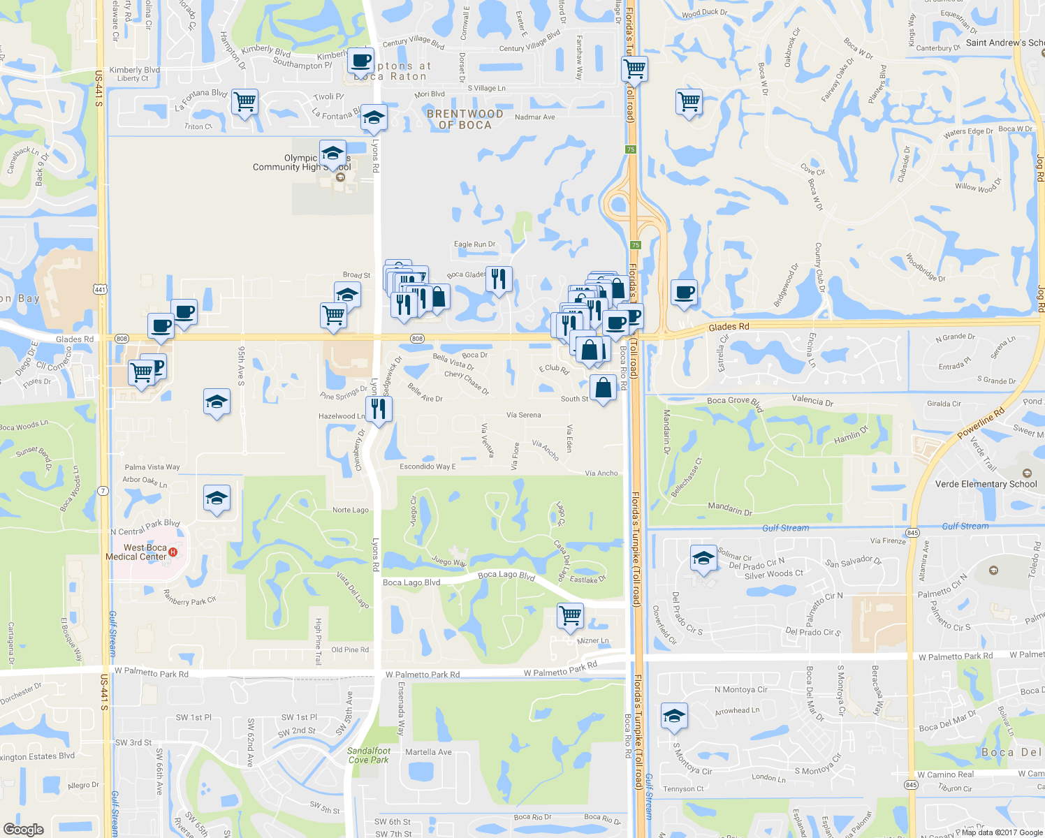 map of restaurants, bars, coffee shops, grocery stores, and more near 8446 Vía Serena in Boca Raton
