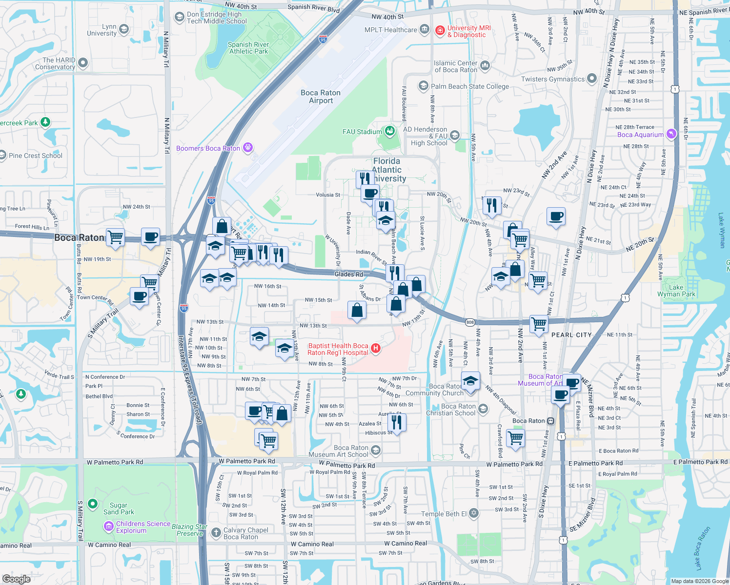 map of restaurants, bars, coffee shops, grocery stores, and more near 738 St Albans Dr in Boca Raton