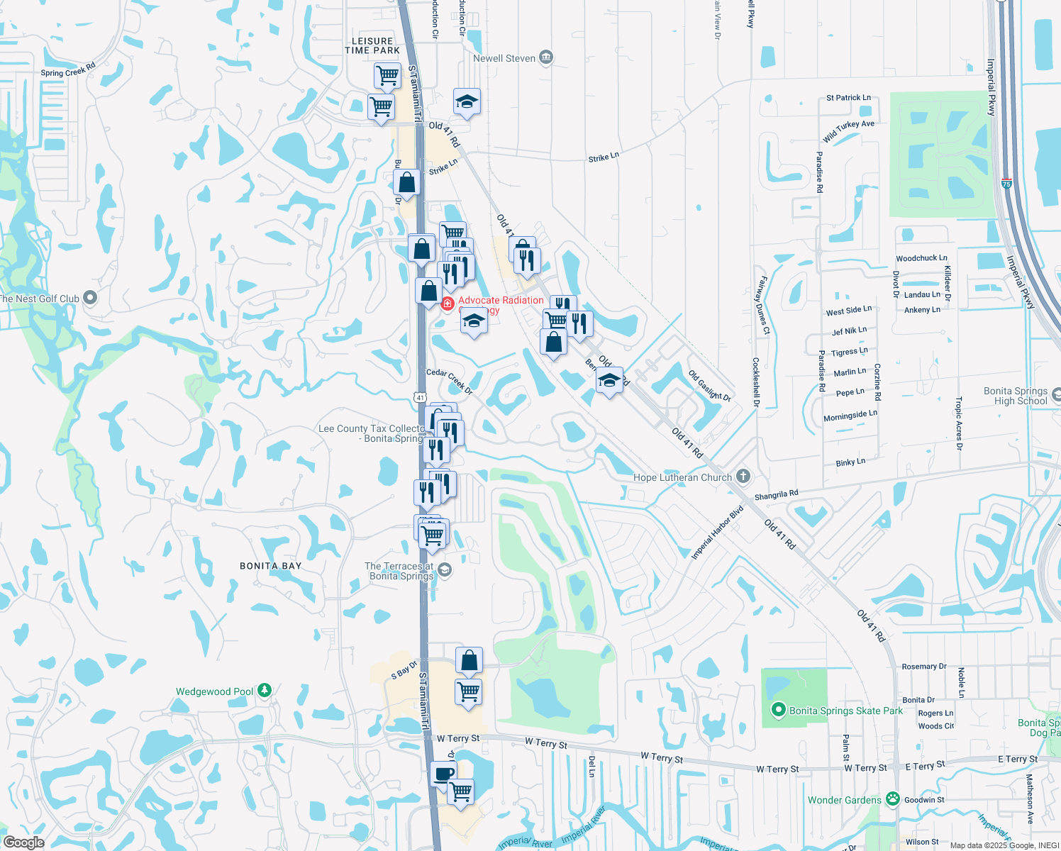 map of restaurants, bars, coffee shops, grocery stores, and more near 25660 Streamlet Court in Bonita Springs
