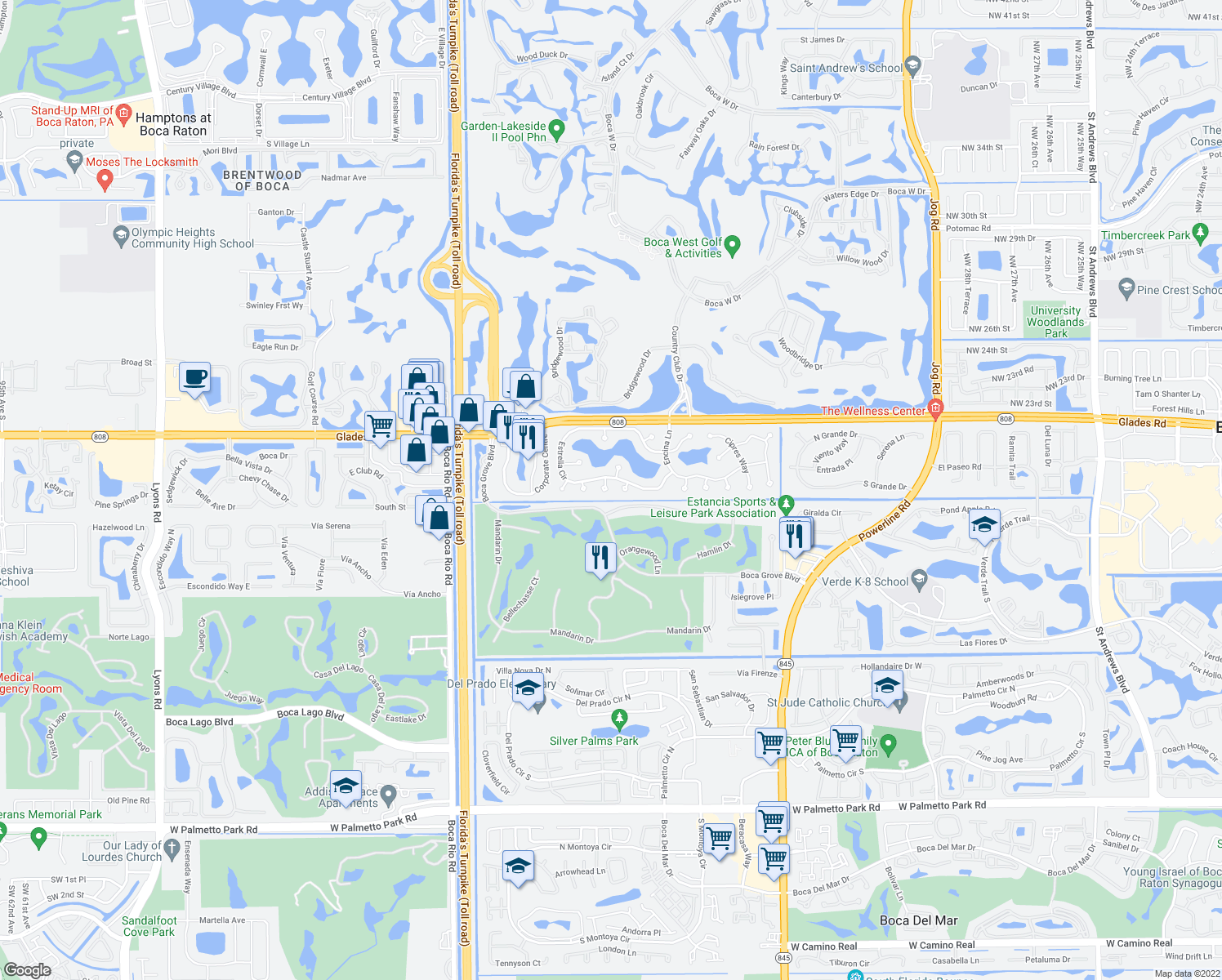map of restaurants, bars, coffee shops, grocery stores, and more near 20960 Delagado Terrace in Boca Raton