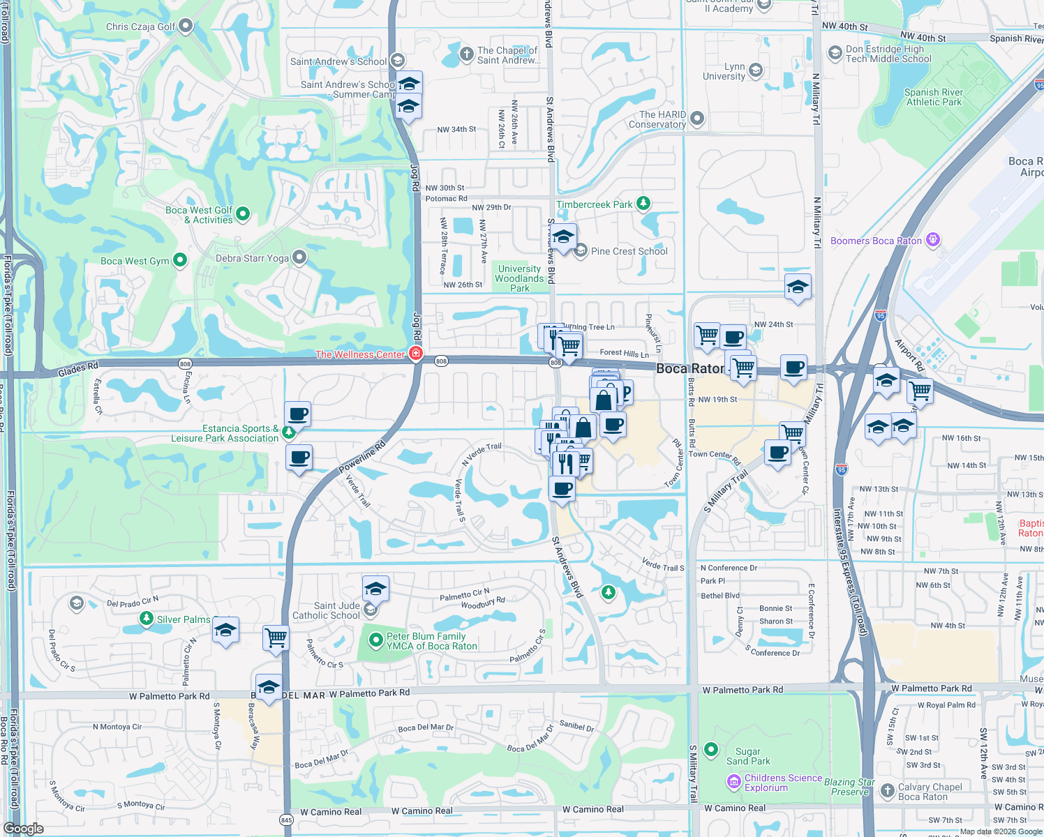 map of restaurants, bars, coffee shops, grocery stores, and more near 6105 Via Laguna Lane in Boca Raton