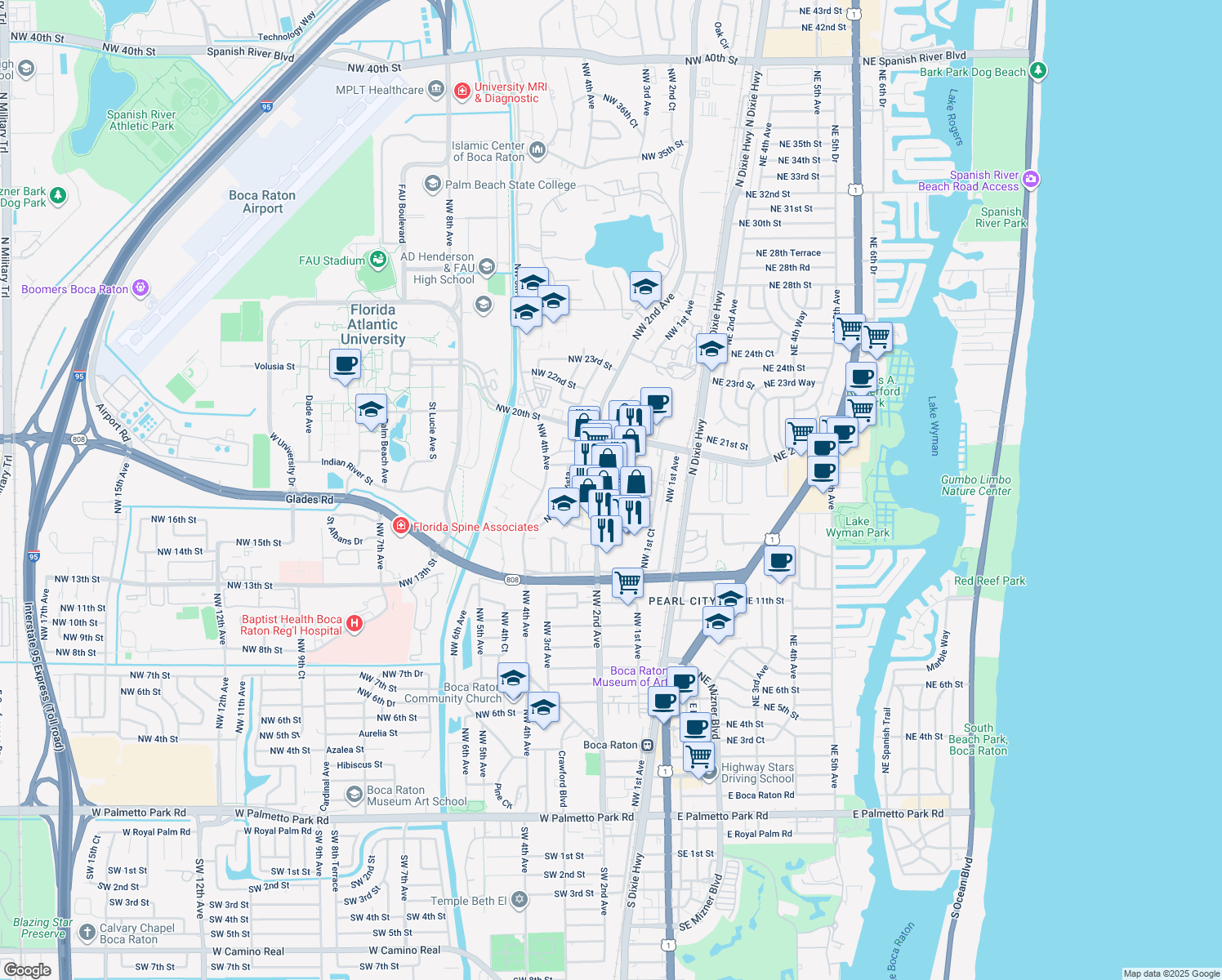 map of restaurants, bars, coffee shops, grocery stores, and more near 1710 Costa Del Sol in Boca Raton