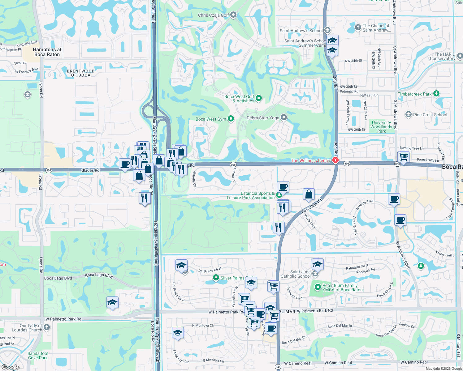 map of restaurants, bars, coffee shops, grocery stores, and more near 7691 Estrella Circle in Boca Raton