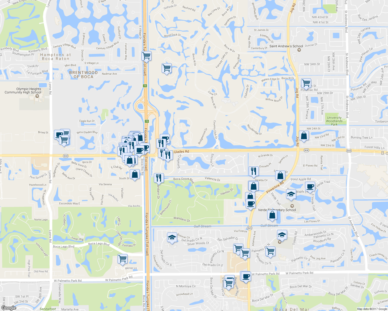 map of restaurants, bars, coffee shops, grocery stores, and more near 7483 Estrella Circle in Boca Raton