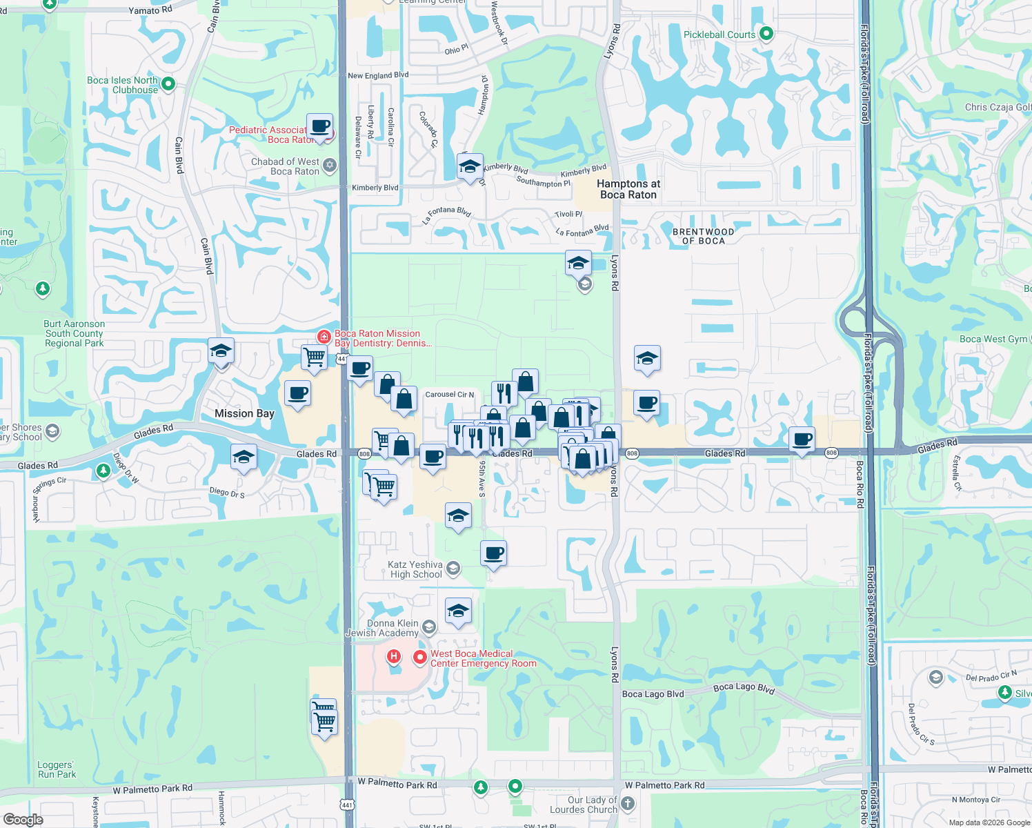 map of restaurants, bars, coffee shops, grocery stores, and more near 9416 Boca River Circle in Boca Raton