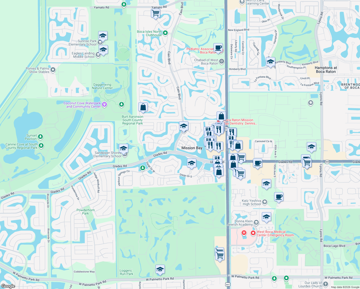 map of restaurants, bars, coffee shops, grocery stores, and more near 20508 Vía Marisa in Boca Raton