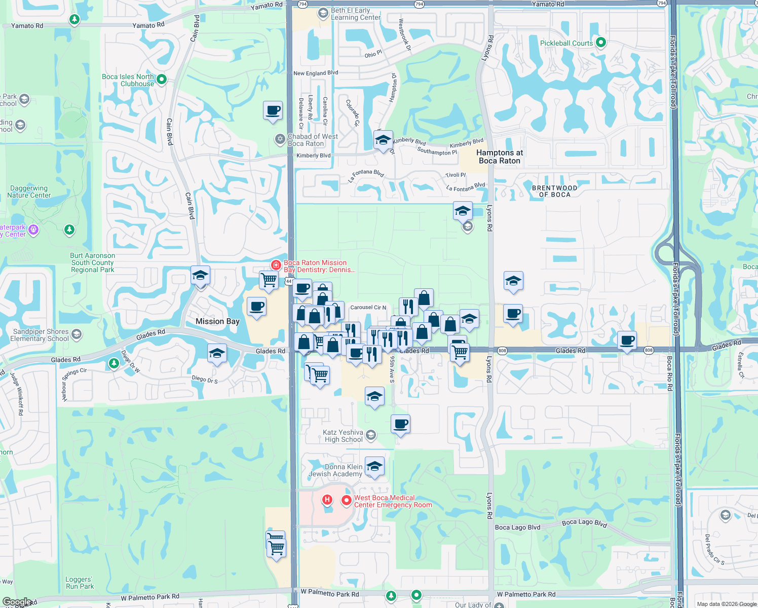 map of restaurants, bars, coffee shops, grocery stores, and more near 9597 Carousel Circle East in Boca Raton