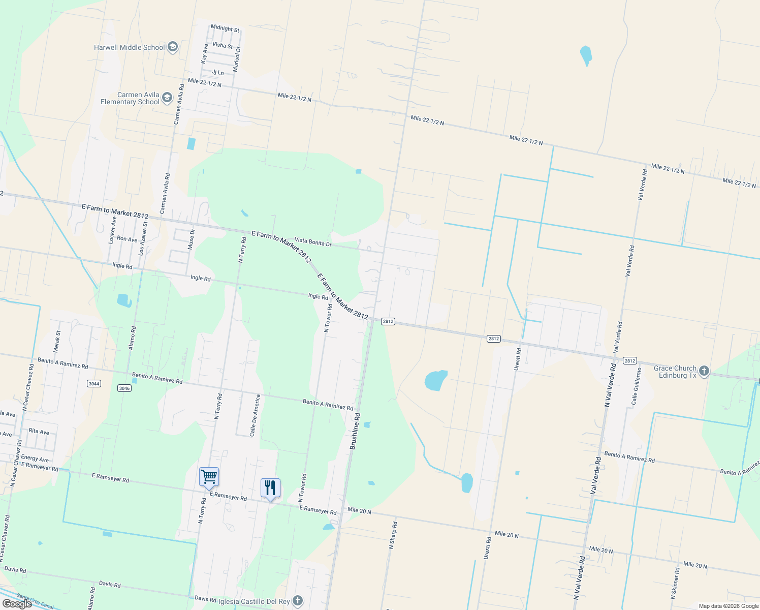 map of restaurants, bars, coffee shops, grocery stores, and more near 24008 Brushline Rd in Edinburg