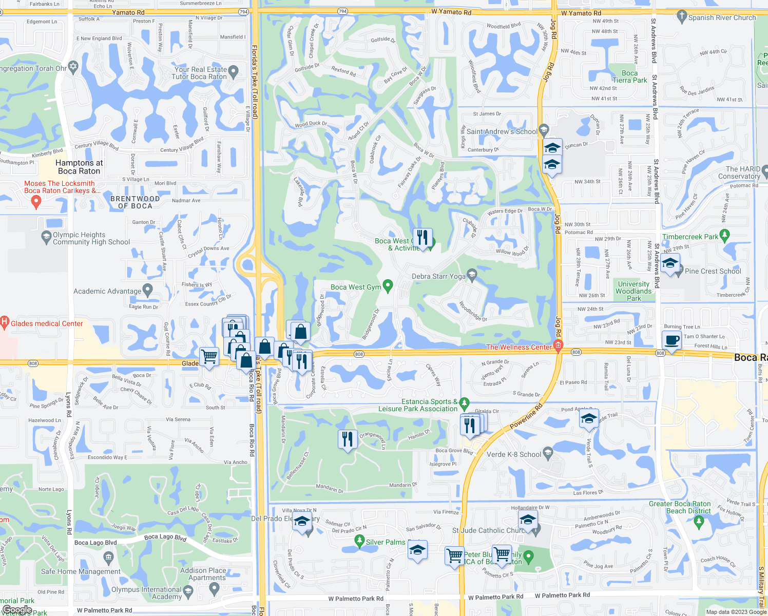 map of restaurants, bars, coffee shops, grocery stores, and more near 3706 Bridgewood Drive in Boca Raton