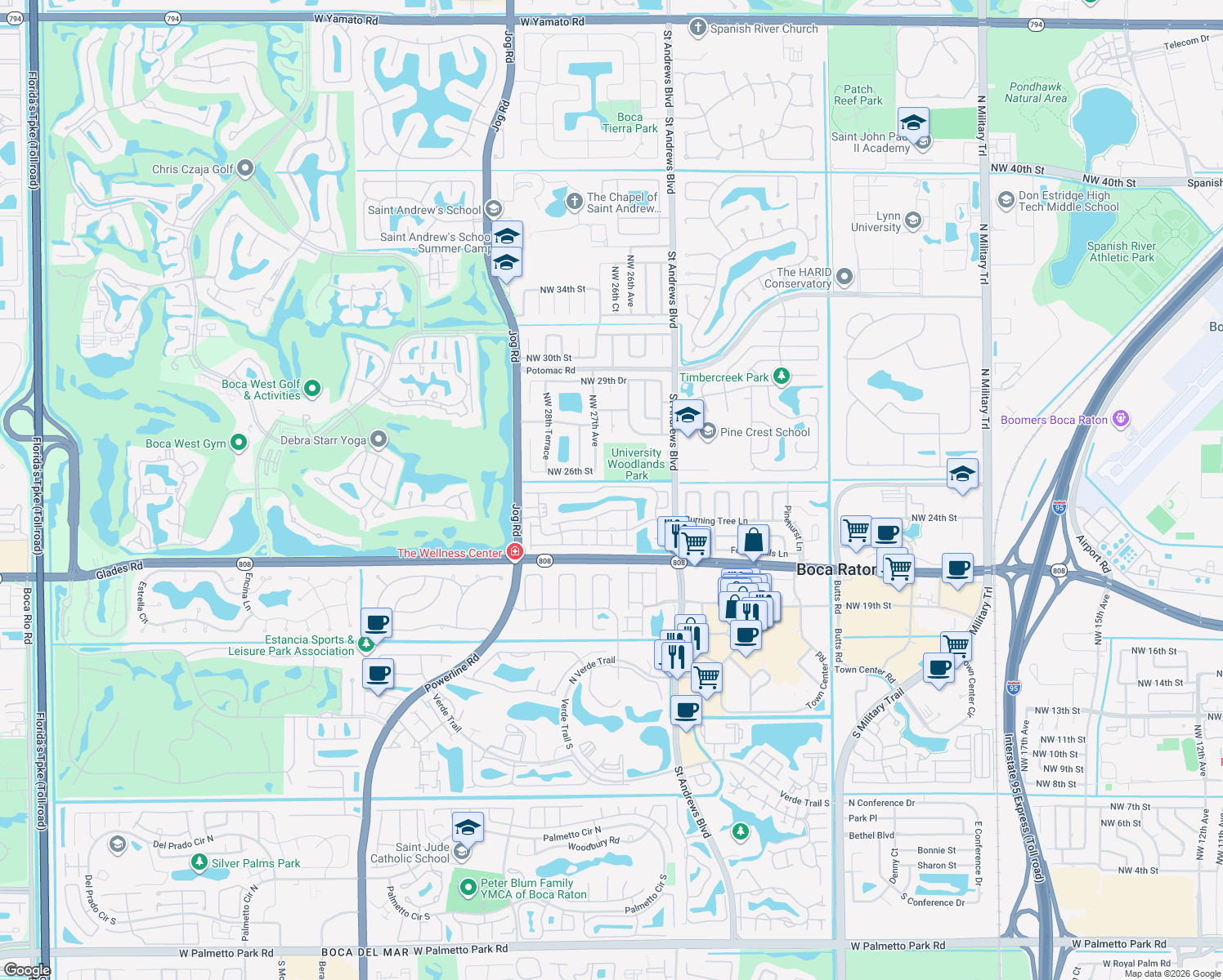 map of restaurants, bars, coffee shops, grocery stores, and more near 6160 Northwest 24th Street in Boca Raton