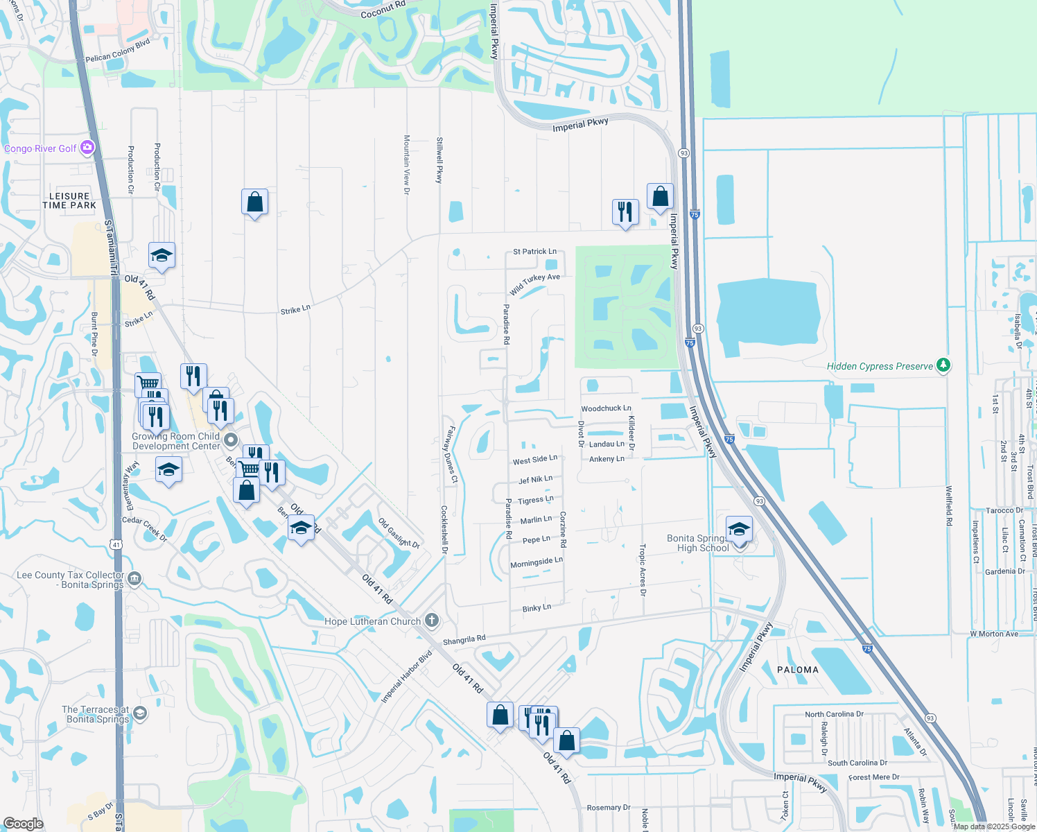 map of restaurants, bars, coffee shops, grocery stores, and more near 10277 Wood Ibis Avenue in Bonita Springs
