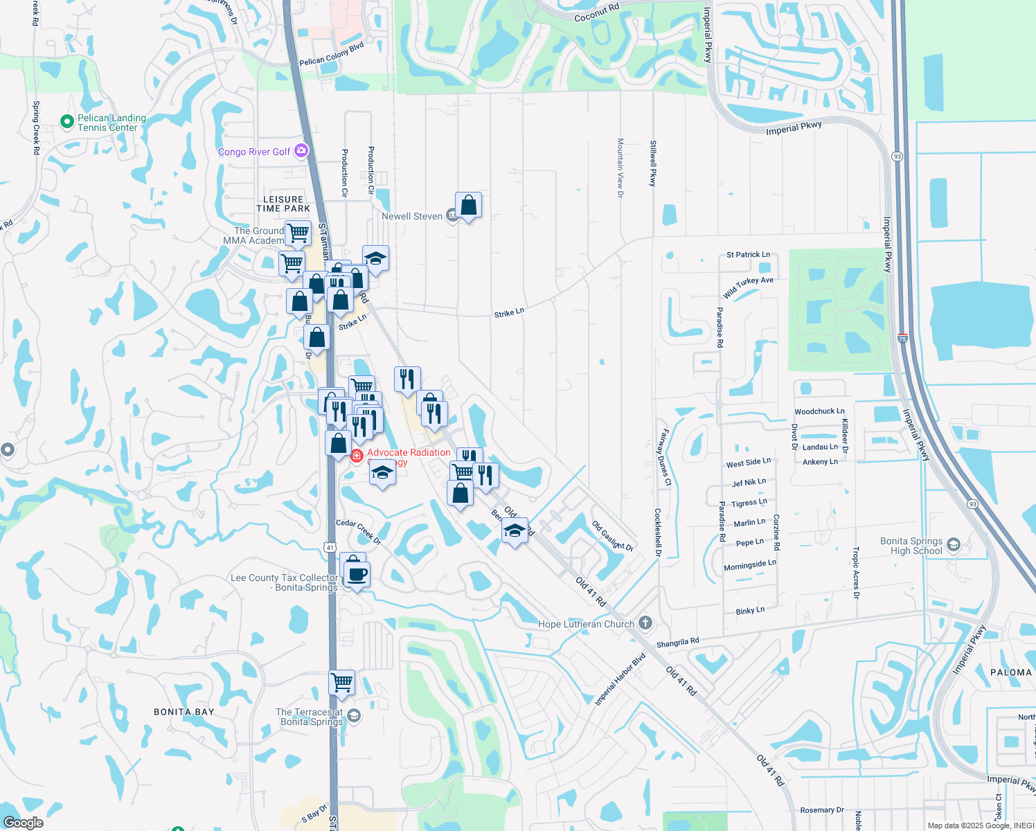 map of restaurants, bars, coffee shops, grocery stores, and more near 25398 Papillion Drive in Bonita Springs