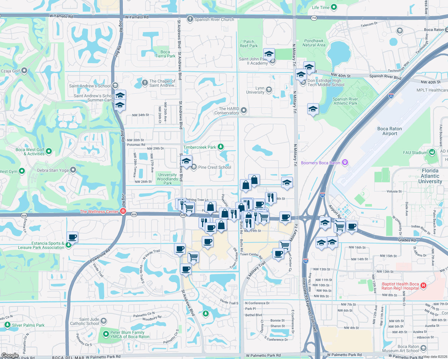 map of restaurants, bars, coffee shops, grocery stores, and more near 2387 Timbercreek Circle Northwest in Boca Raton