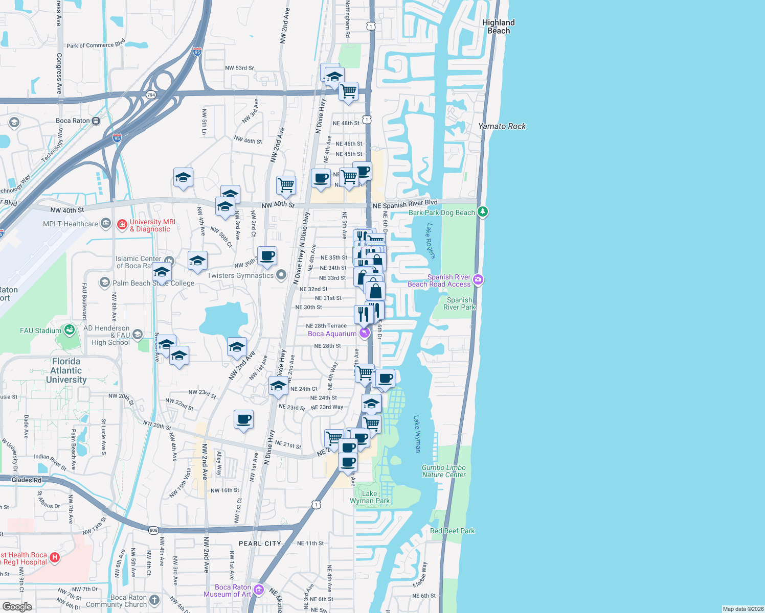 map of restaurants, bars, coffee shops, grocery stores, and more near 3026 Northeast 6th Drive in Boca Raton