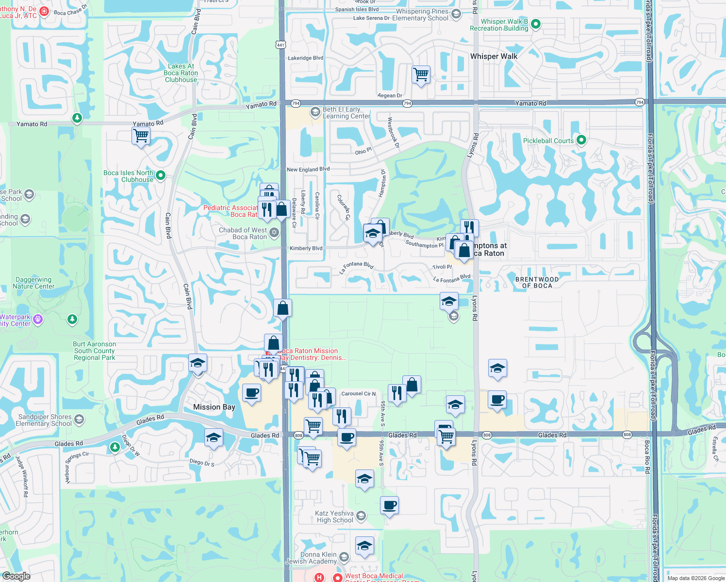 map of restaurants, bars, coffee shops, grocery stores, and more near 9578 Triton Court in Boca Raton