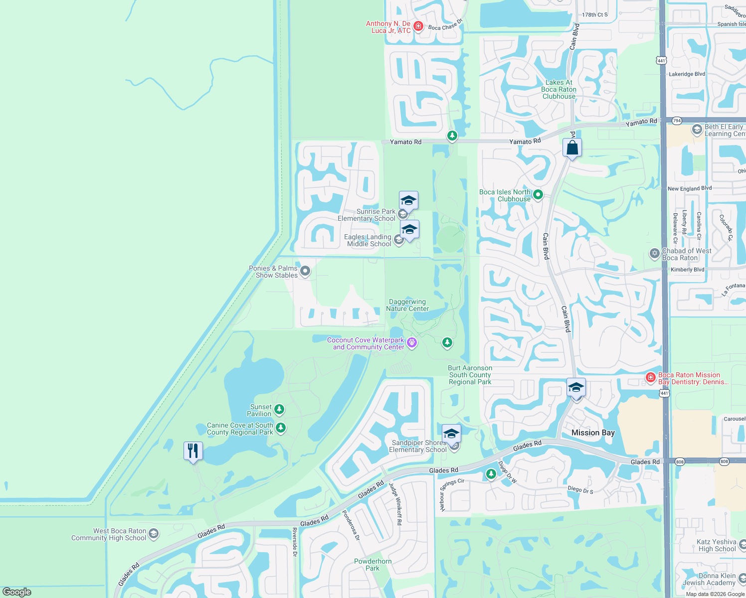 map of restaurants, bars, coffee shops, grocery stores, and more near 19844 116th Avenue South in Boca Raton
