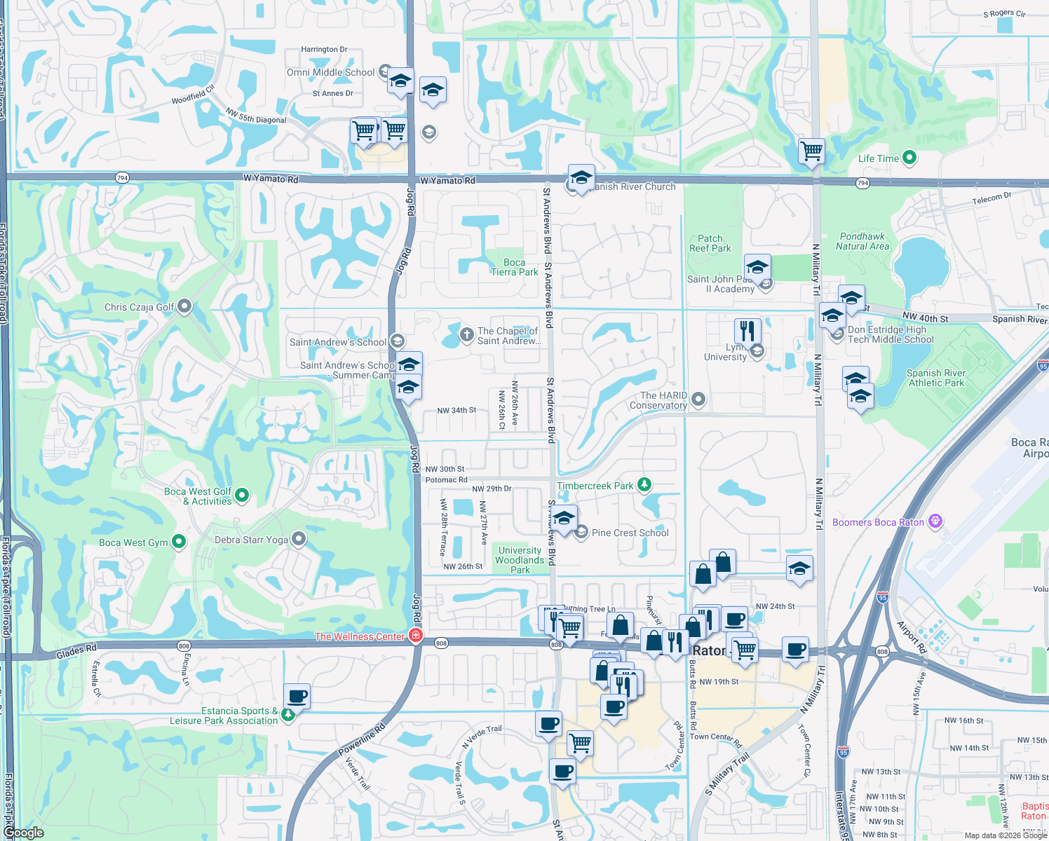map of restaurants, bars, coffee shops, grocery stores, and more near 3289 Northwest 25th Terrace in Boca Raton