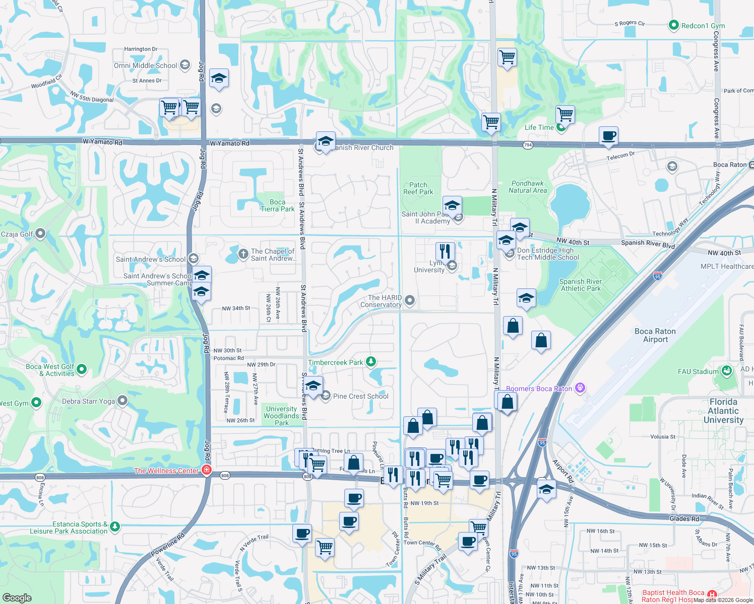 map of restaurants, bars, coffee shops, grocery stores, and more near 3360 Northwest 23rd Terrace in Boca Raton