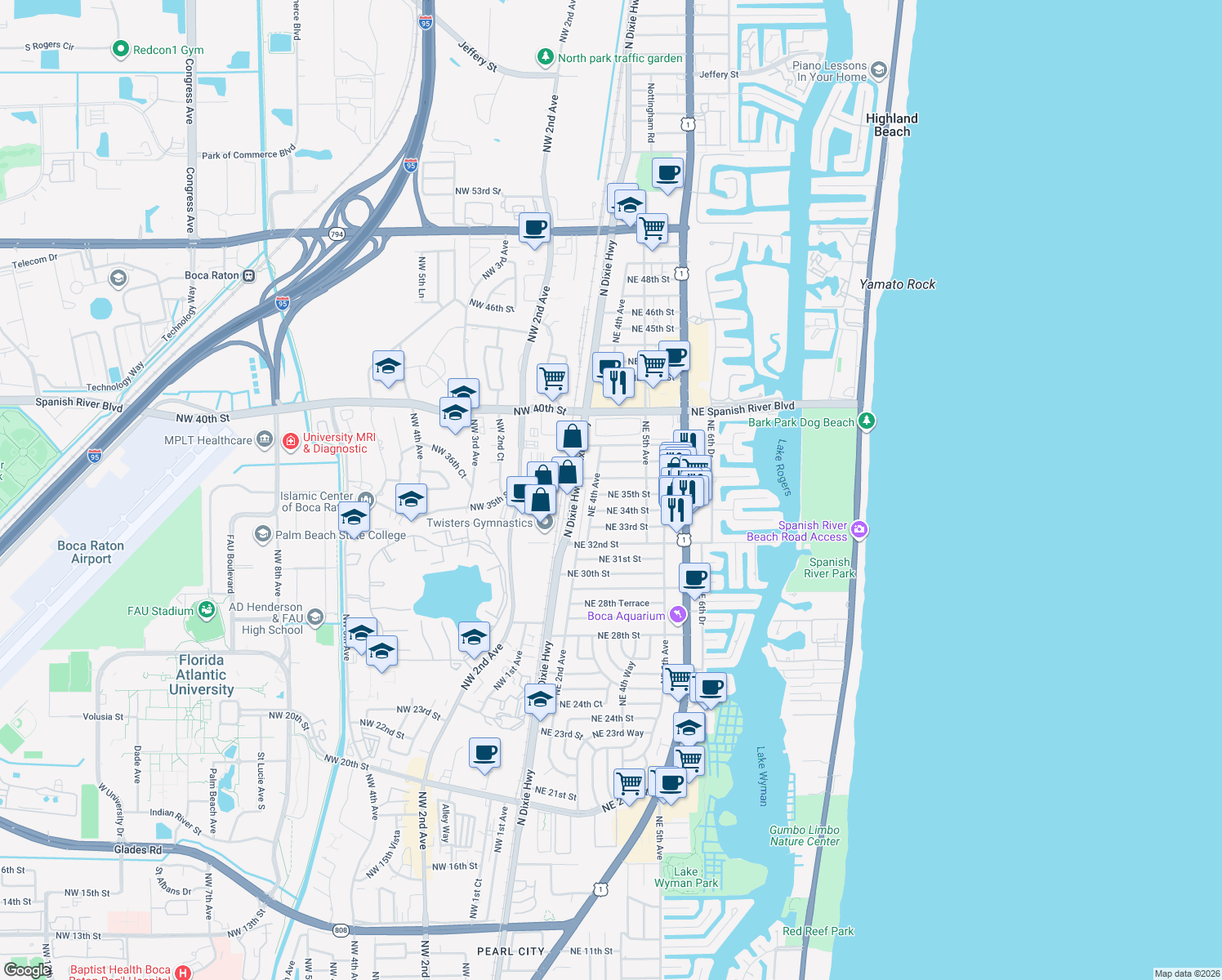 map of restaurants, bars, coffee shops, grocery stores, and more near 435 Northeast 35th Street in Boca Raton