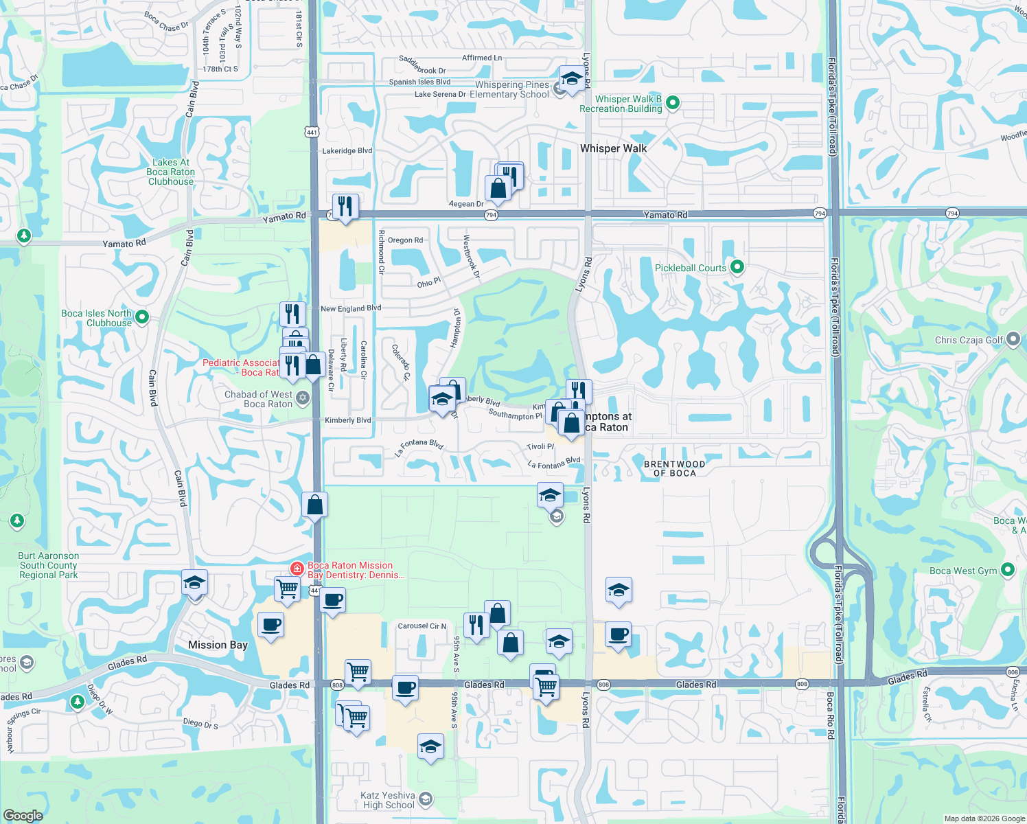 map of restaurants, bars, coffee shops, grocery stores, and more near 9319 Southampton Place in Boca Raton