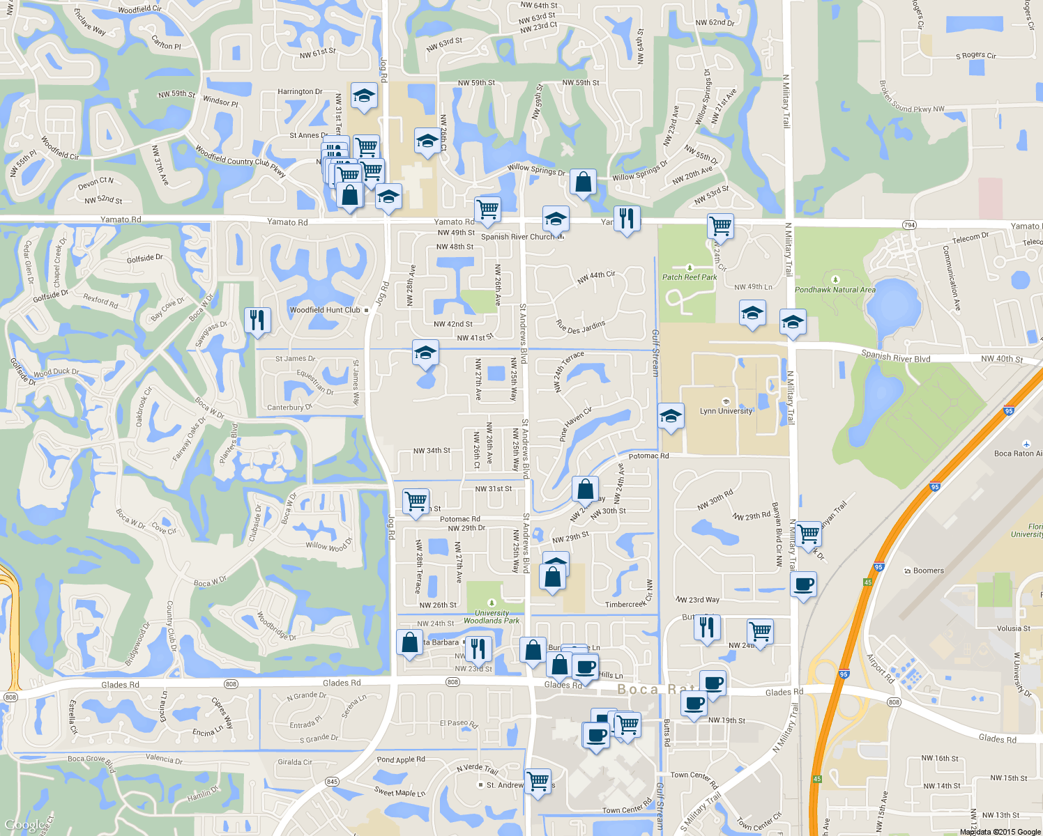 map of restaurants, bars, coffee shops, grocery stores, and more near 2500 Northwest 37th Street in Boca Raton