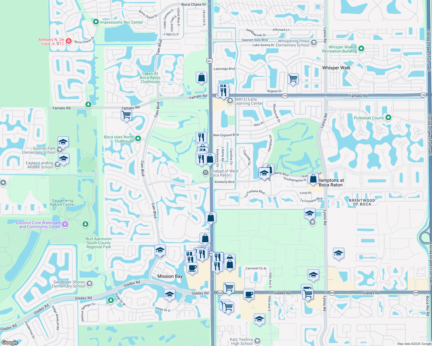 map of restaurants, bars, coffee shops, grocery stores, and more near 19667 Delaware Circle in Boca Raton