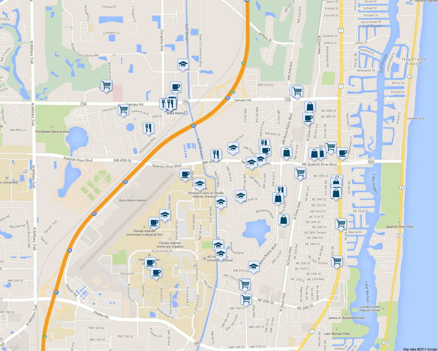 map of restaurants, bars, coffee shops, grocery stores, and more near 3805 Northwest 5th Terrace in Boca Raton