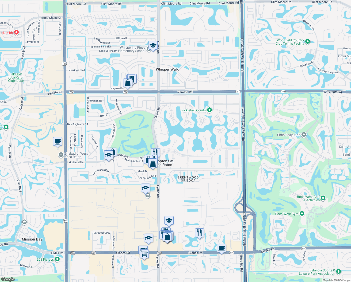 map of restaurants, bars, coffee shops, grocery stores, and more near 4058 Ainslie Drive in Boca Raton