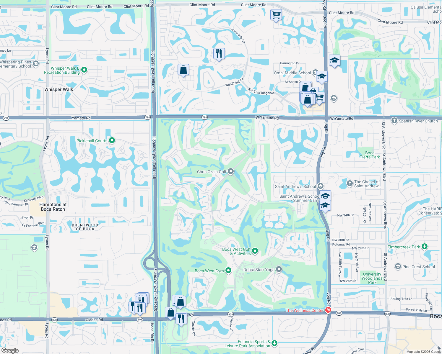 map of restaurants, bars, coffee shops, grocery stores, and more near 19508 Island Court Drive in Boca Raton