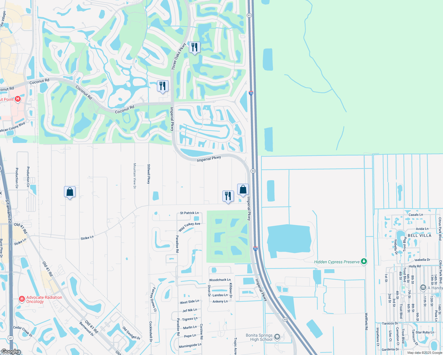 map of restaurants, bars, coffee shops, grocery stores, and more near 24231 Whip O Will Lane in Bonita Springs